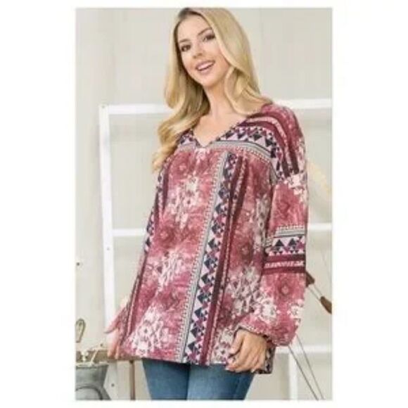 Bohemian Aztec Print V-neck Top Small - Picture 3 of 3
